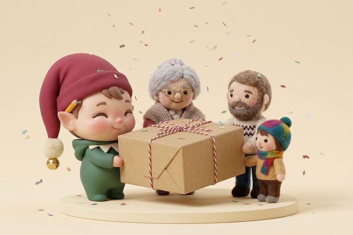 Plusieurs mains tiennent ensemble un grand paquet cadeau