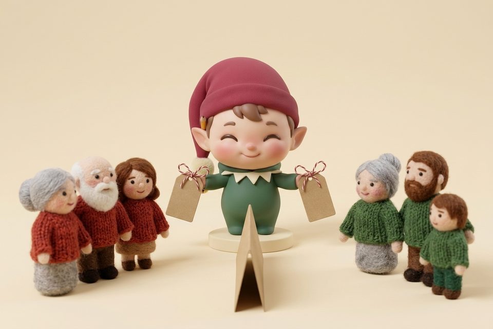 Le lutin tend une étiquette à chaque côté de la famille, séparés par une petite cloison