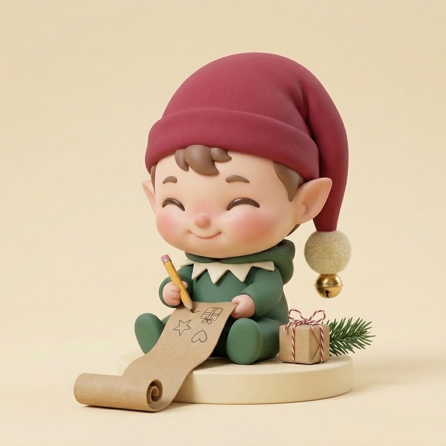 Lutin Futé assis, qui rédige sa liste de Noël